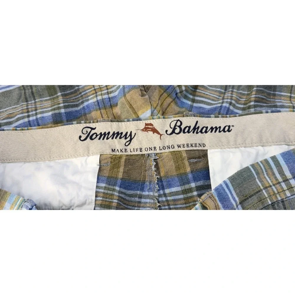 Tommy Bahama Linen Plaid Shorts Mens Madras Yellow Blue Coastal Resort Size 40
